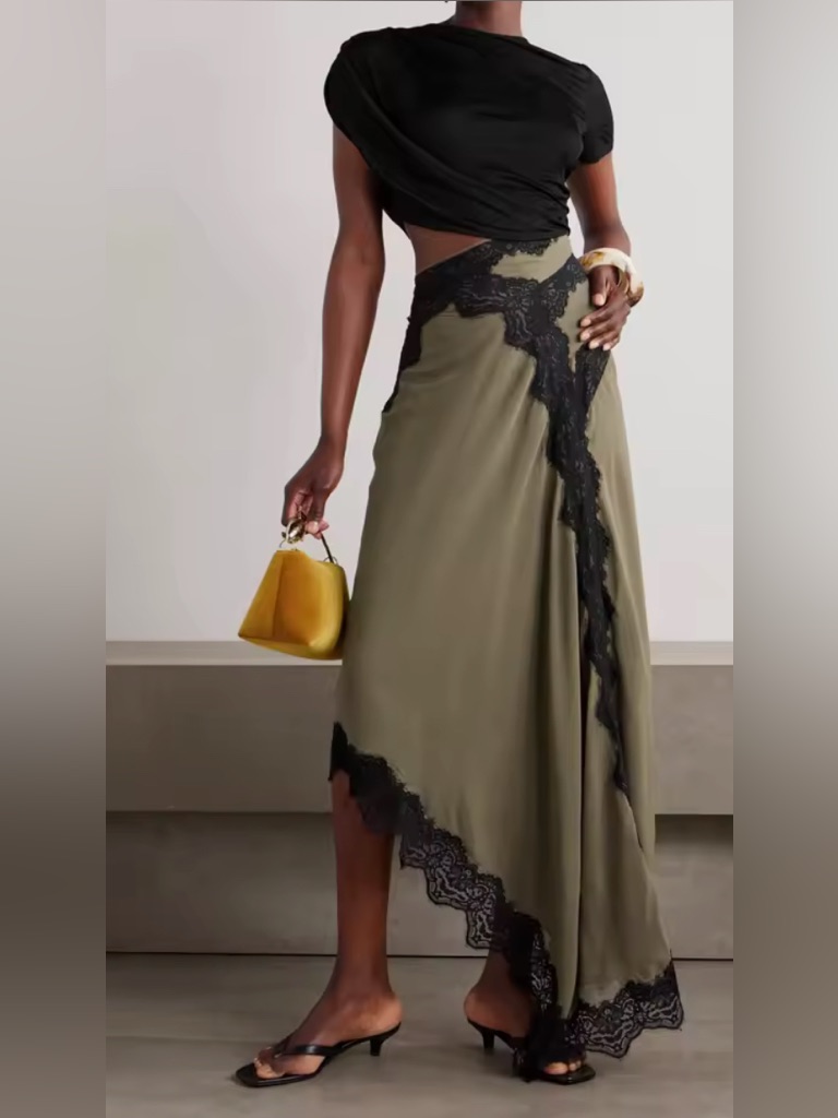 New $198 French Lace Dress Olive Green Lace-Trim Edgy Asymmetric Dress